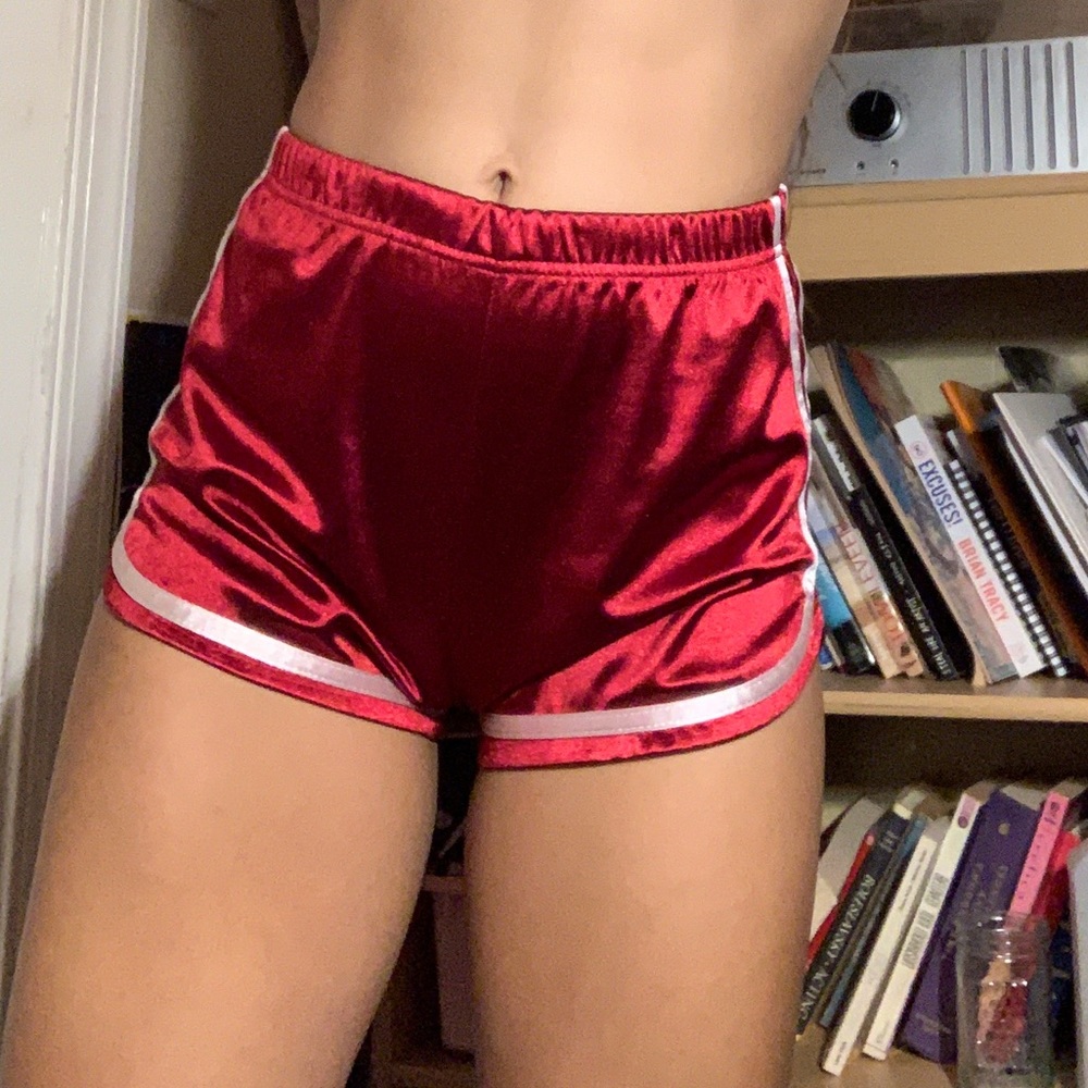 Shiny red high waisted dance shorts